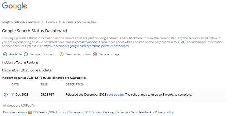 Google Search Status Dashboard 2025年12月コアアルゴリズムアップデート December 2025 core update